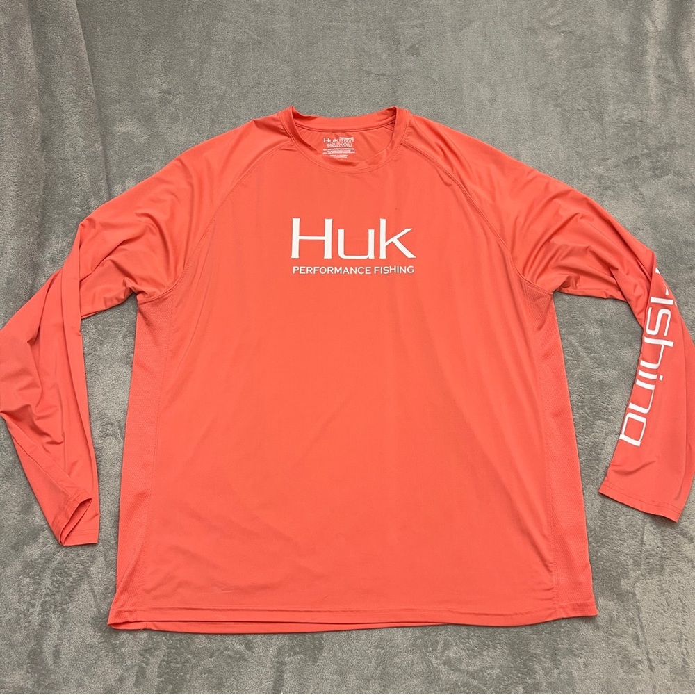 Huk Long Sleeve Fishing Shirt Orange Crewneck Performance Breathable Mens XXL